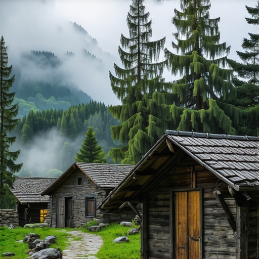Autentično eko-selo na Balkanu Tradicionalne drvene i kamene kuće u planinskom selu pod maglom