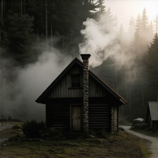 Drvena brvnara u maglovitoj borovoj šumi na Balkanu