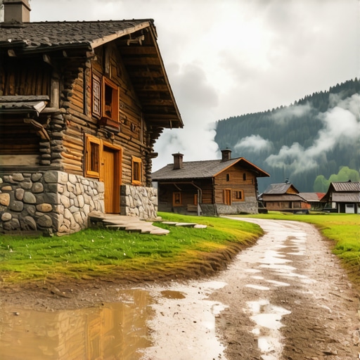 Drvene brvnare u planinskom selu sa dimom iz odžaka pod sivim nebom