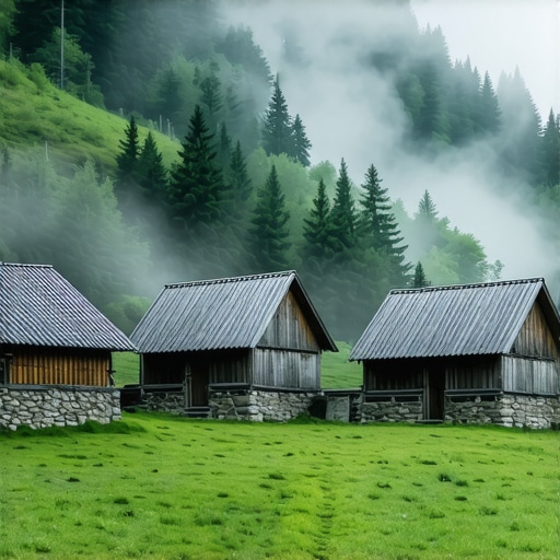 A realistic view of traditional wooden houses in a foggy Balkan mountain setting representing sustainable tourism.