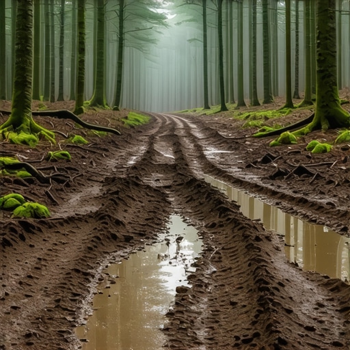 Duboki kolotrazi i blato na šumskom putu planine Radan u Srbiji