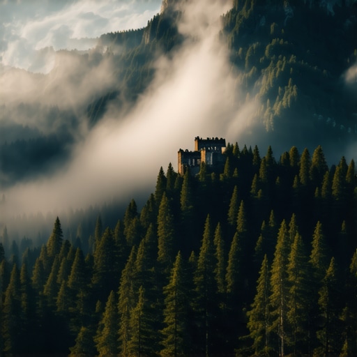 Cer mountain ridge with historical ruins and dense oak forest in mist