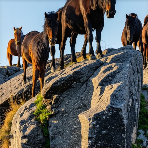 Krdo divljih konja na kamenitom grebenu planine Stolovi pod zalaskom sunca