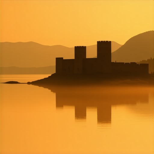 Golubačka tvrđava u suton 2026 Silueta Golubačke tvrđave na obali Dunava tokom narandžastog zalaska sunca