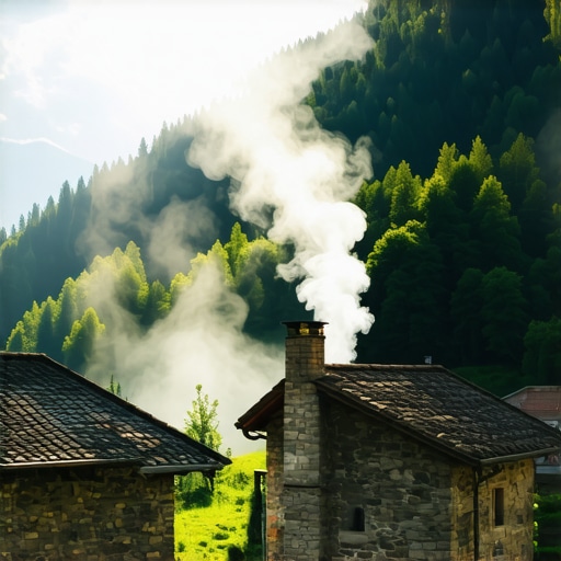 Mistično jutro u srpskom eko selu Tradicionalna drvena kuća u planini prekrivena maglom