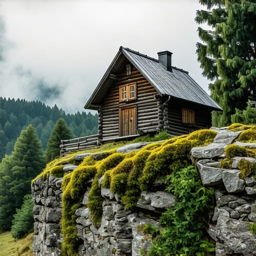 Planinarski dom na maglovitom vrhu Kukavice Stari planinarski dom na planini Kukavica okružen gustom šumom i maglom