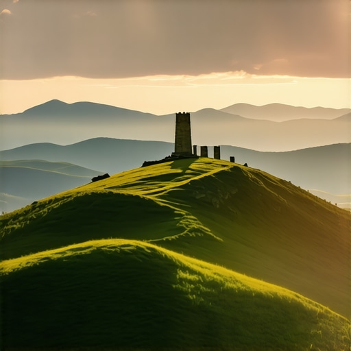 Sunset over the green pastures and ridges of Rajac mountain in Serbia