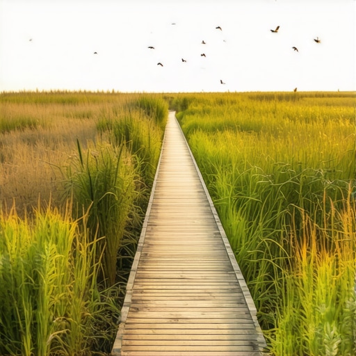 Pešačka staza Stari Begej u rezervatu Carska bara sa trskom i pticama u daljini