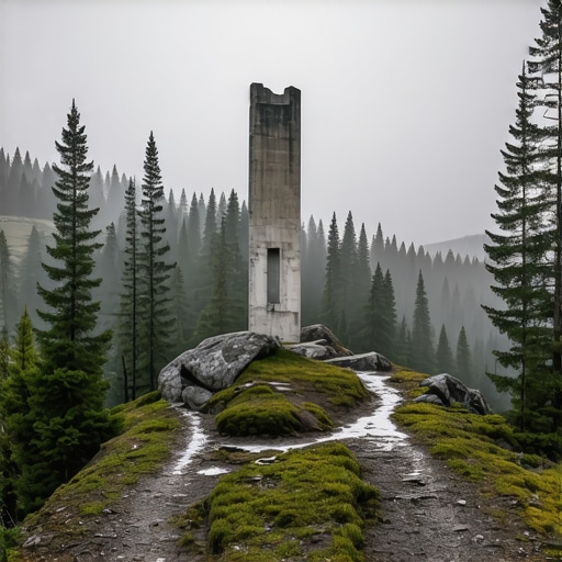 Brutalistički spomenik na planini Kozara u magli okružen borovom šumom