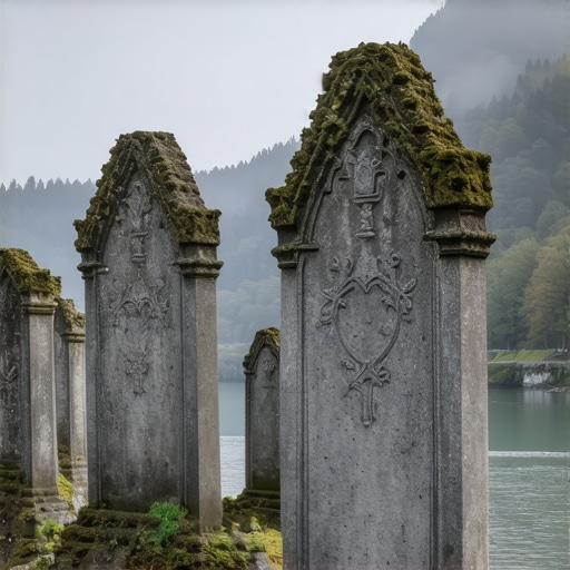 Medieval stećci at Mramorje near Perućac in Serbia under mist.