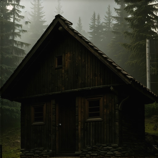 Tradicionalna brvnara u magli na Balkanu Eko selo drvena kuca u sumi pod maglom