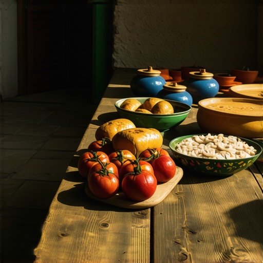 Postavljena trpeza sa pečenjem i domaćim hlebom u seoskom dvorištu u Mačvi