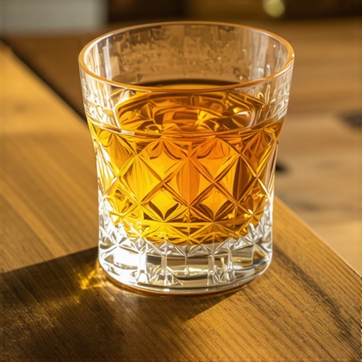 Vrhunska rakija od dunje u tradicionalnom ambijentu Zlatna rakija od dunje u kristalnoj čaši na drvenom stolu