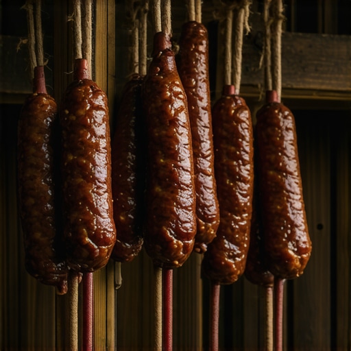 Autentični sjenički sudžuk u sušari Redovi domaćeg sjeničkog sudžuka koji se suši na dimu u tradicionalnoj drvenoj sušari