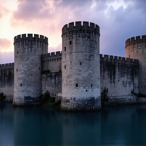 The grey stone towers of Golubac Fortress reflecting in the dark Danube river under a dramatic sunset sky.