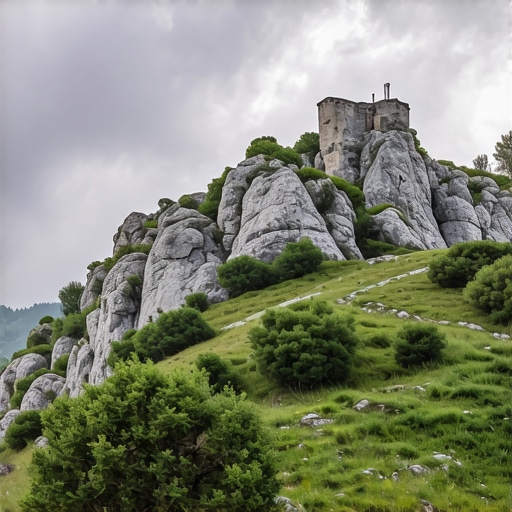 The wild limestone peak of Klekovača with abandoned military ruins under a dramatic sky.