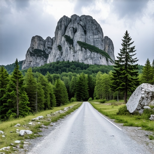 Uzak planinski put sa rupama u asfaltu koji vodi ka stenovitom vrhu planine Mučanj u Srbiji.