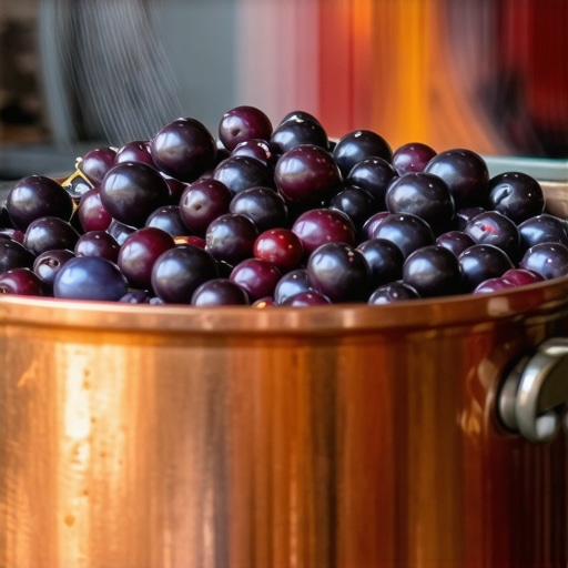 Traditional Podrinje Plum Jam Cooking Hand-stirring dark plum jam in a copper cauldron over wood fire