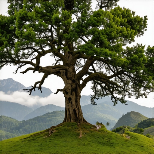 The 500-year-old Holy Pine tree on Kamena Gora plateau with mountain peaks in the background.
