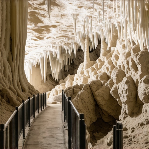 Detaljan prikaz belih stalaktita i stalagmita u Rajkovoj pećini u istočnoj Srbiji.