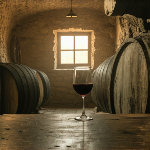 Authentic Negotin Wine Cellar with Prokupac Traditional stone wine cellar in Negotin with oak barrels and a glass of red prokupac wine