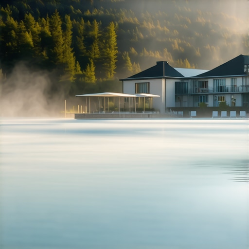 Banja Vrućica thermal pool complex at sunrise Steaming thermal pools in Banja Vrućica surrounded by pine forest in the morning