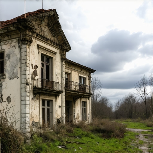 Stari neoklasični dvorac u Vojvodini sa fasadom koja se ljušti i zaraslim dvorištem pod dramatičnim nebom